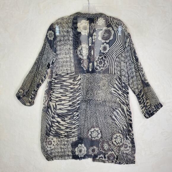 Lior Paris Floral Mixed Print Sheer Button Tunic Top Women Sz XL Sequin Beaded - Picture 8 of 12
